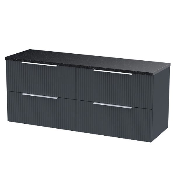 Venice Fluted Satin Anthracite Wall Hung Double Countertop Vanity Unit incl. 2 Matt Black Basins (1200mm w. Chrome Handles) - Image 5