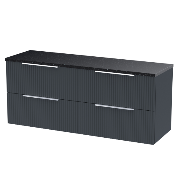 Venice Fluted 1205mm Satin Anthracite Vanity Unit   Wall Hung 4 Drawer Unit with Sparkling Black Worktop & Chrome Handles