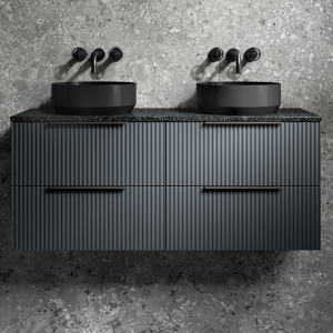 Venice Fluted Satin Anthracite Wall Hung Double Countertop Vanity Unit incl. 2 Matt Black Basins (1200mm w. Matt Black Handles)