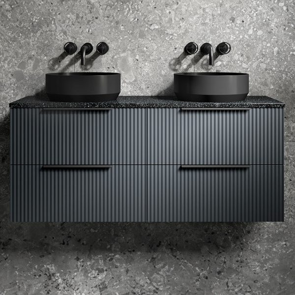 Venice Fluted 1205mm Satin Anthracite Vanity Unit   Wall Hung 4 Drawer Unit with Sparkling Black Worktop & Matt Black Handles - Image 3