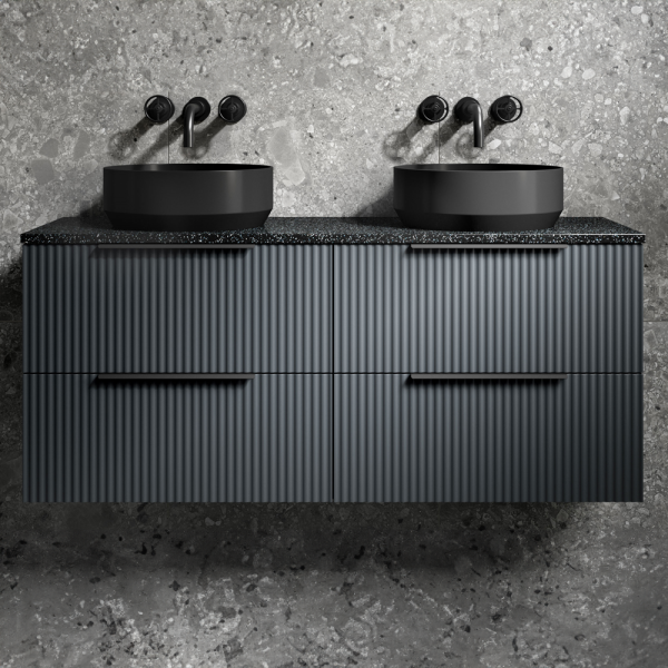 Venice Fluted Satin Anthracite Wall Hung Double Countertop Vanity Unit incl. 2 Matt Black Basins (1200mm w. Matt Black Handles)