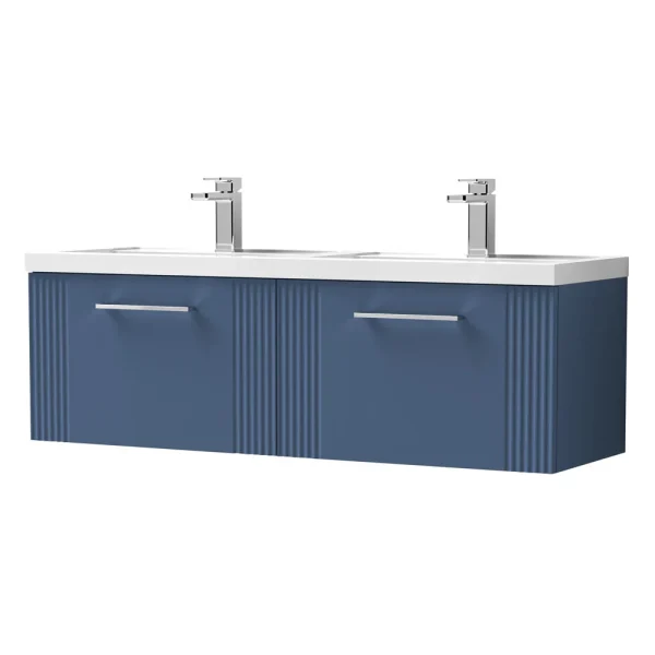Roxbury Deco Fluted 1200mm Blue Double Basin Vanity Unit   2 Drawer Unit with Chrome Handles