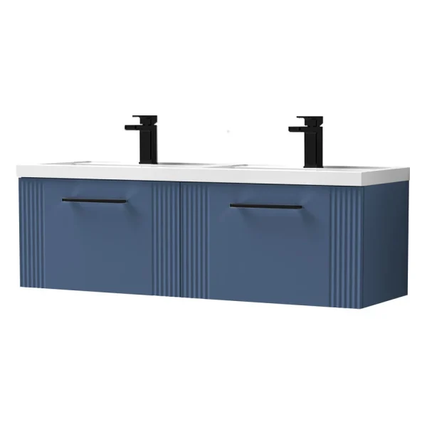 Roxbury Deco Fluted 1200mm Blue Double Basin Vanity Unit   2 Drawer Unit with Matt Black Handles