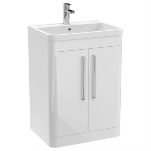 Monza 600mm Floor Standing 2 Door Vanity Unit with Chrome Handles   Gloss White