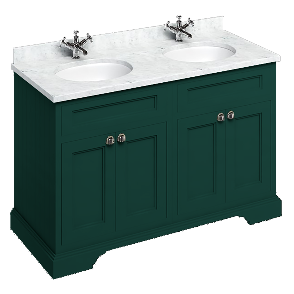 Burlington 130 4 Door Vanity Unit & Minerva Carrara White Worktop with Double Basin Matt Green