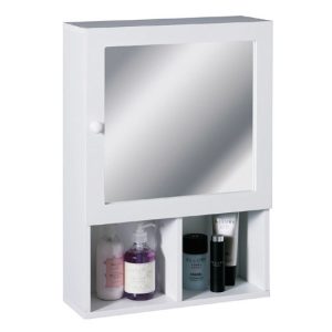 White Wood Wall Cabinet with 2 Compartments and Mirrored Door