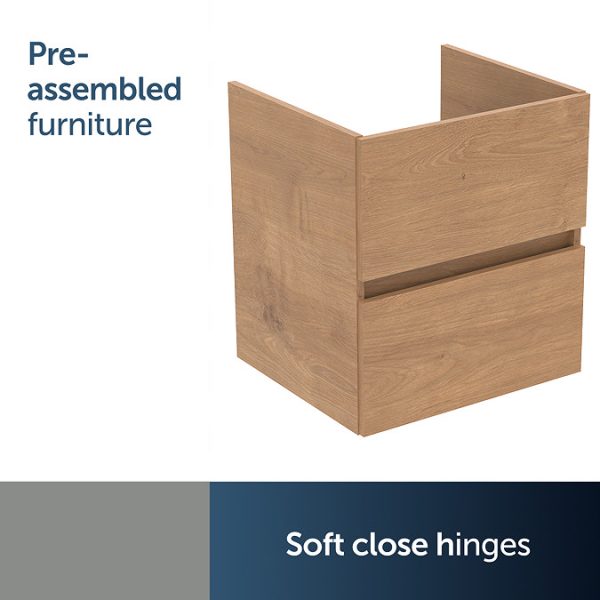 Ideal Standard Eurovit+ 50cm Wall Hung 2 Drawer Vanity Unit with Basin   Natural Oak - Image 2