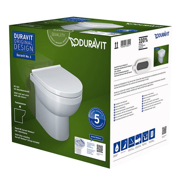 Duravit No.1 Rimless Back to Wall Toilet Pan + Soft Close Seat - Image 5