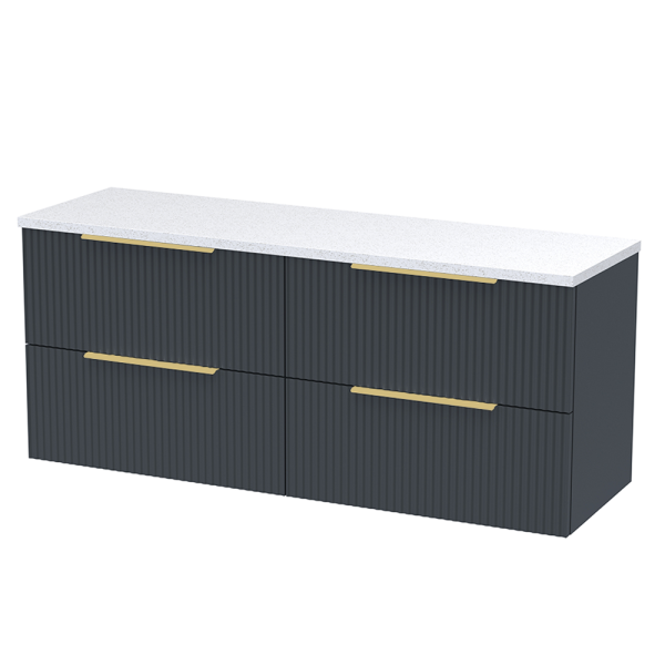 Venice Fluted 1205mm Satin Anthracite Vanity Unit   Wall Hung 4 Drawer Unit with Sparkling White Worktop & Brushed Brass Handles