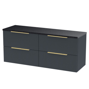 Venice Fluted 1205mm Satin Anthracite Vanity Unit   Wall Hung 4 Drawer Unit with Sparkling Black Worktop & Brushed Brass Handles