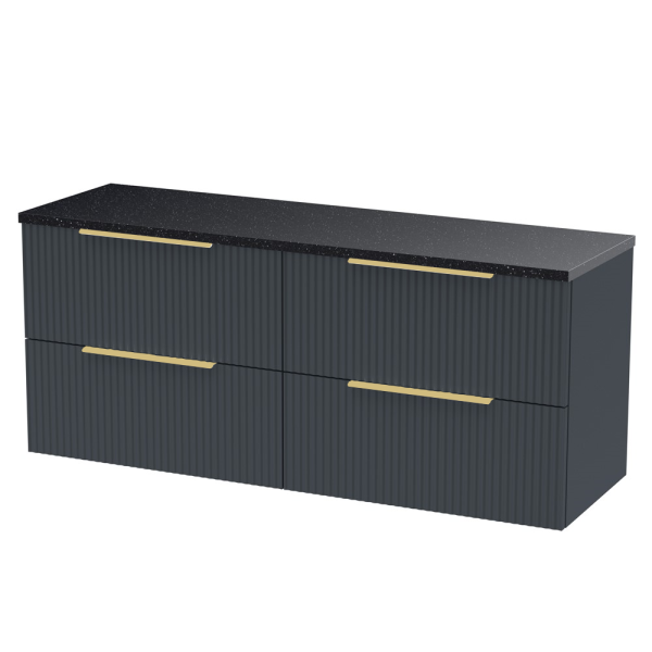 Venice Fluted 1205mm Satin Anthracite Vanity Unit   Wall Hung 4 Drawer Unit with Sparkling Black Worktop & Brushed Brass Handles