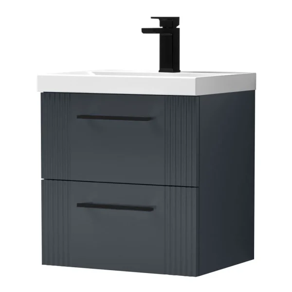 Roxbury Deco Fluted 500mm Anthracite Grey Vanity Unit   Wall Hung 2 Drawer Unit with Matt Black Handles