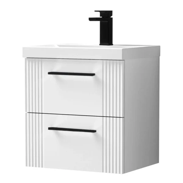 Roxbury Deco Fluted 500mm White Vanity Unit   Wall Hung 2 Drawer Unit & Matt Black Handles