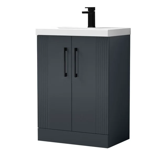 Roxbury Deco Fluted 600mm Anthracite Grey Vanity Unit   Floor Standing 2 Door Unit with Matt Black Handles