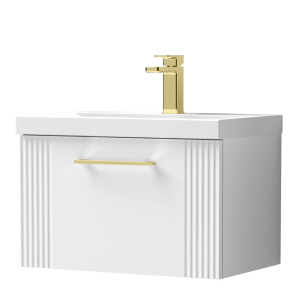 Roxbury Deco Fluted 600mm White Vanity Unit   Wall Hung 1 Drawer Unit & Brushed Brass Handle