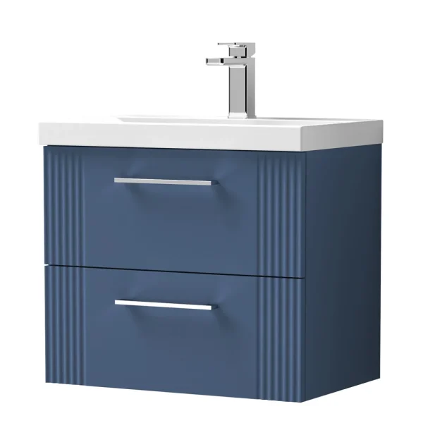 Roxbury Deco Fluted 600mm Blue Vanity Unit   Wall Hung 2 Drawer Unit & Chrome Handles