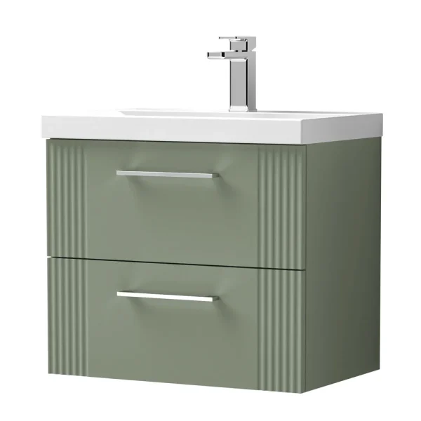 Roxbury Deco Fluted 600mm Green Vanity Unit   Wall Hung 2 Drawer Unit & Chrome Handles