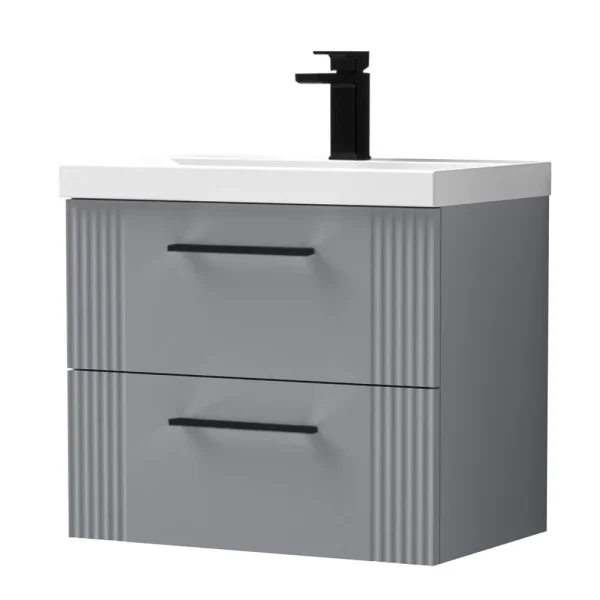 Roxbury Deco Fluted 600mm Grey Vanity Unit   Wall Hung 2 Drawer Unit with Matt Black Handles