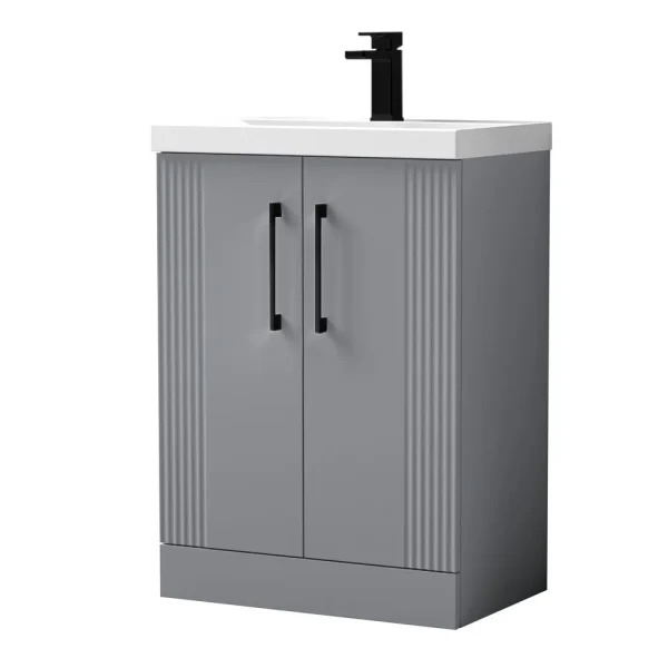 Roxbury Deco Fluted 600mm Grey Vanity Unit   Floor Standing 2 Door Unit with Basin and Matt Black Handles