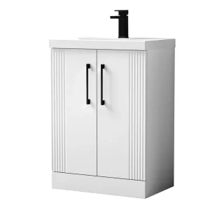 Roxbury Deco Fluted 600mm White Vanity Unit   Floor Standing 2 Door Unit with Matt Black Handles