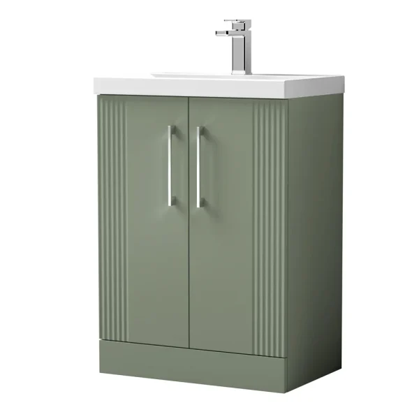 Roxbury Deco Fluted 600mm Green Vanity Unit   Floor Standing 2 Door Unit with Chrome Handles