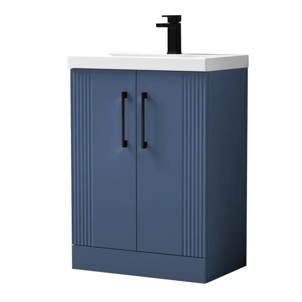 Roxbury Deco Fluted 600mm Blue Vanity Unit   Floor Standing 2 Door Unit with Matt Black Handles