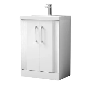 Roxbury Deco Fluted 600mm White Vanity Unit   Floor Standing 2 Door Unit with Chrome Handles