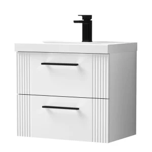 Roxbury Deco Fluted 600mm White Vanity Unit   Wall Hung 2 Drawer Unit & Matt Black Handles
