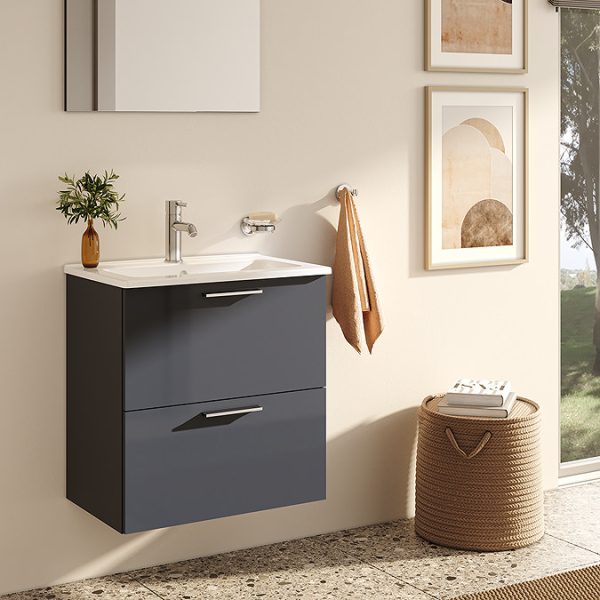 VitrA Evi Gloss Anthracite 600mm Wall Hung 2 Drawer Vanity Unit - Image 2