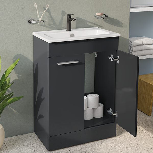 VitrA Evi Gloss Anthracite 600mm Floor Standing 2 Door Vanity Unit - Image 5
