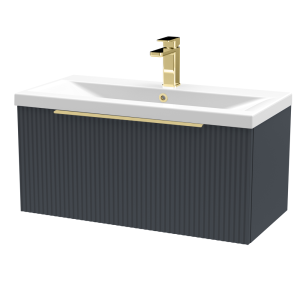 Venice Fluted 800mm Anthracite Vanity Unit   Wall Hung Single Drawer Unit with Brushed Brass Handle
