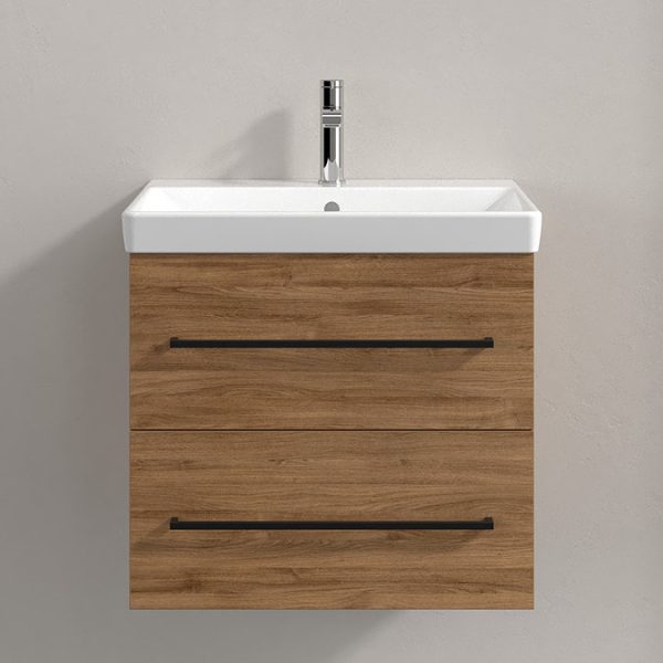 Villeroy and Boch Avento 600mm Wall Hung Vanity Unit & Basin   Kansas Oak with Black Handles - Image 3