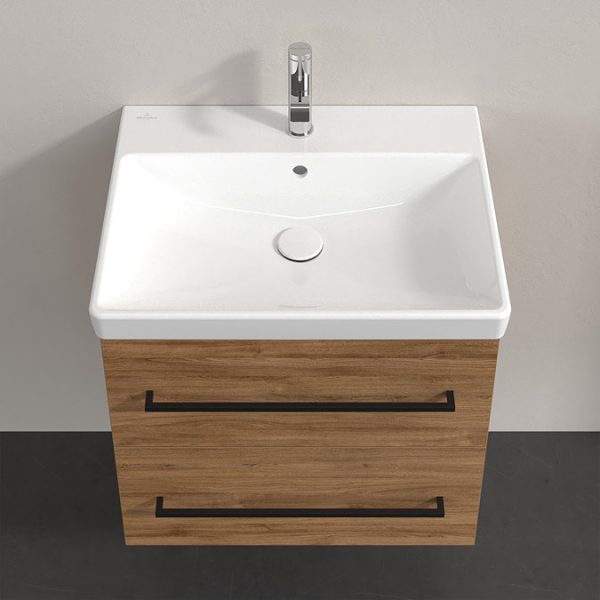 Villeroy and Boch Avento 600mm Wall Hung Vanity Unit & Basin   Kansas Oak with Black Handles - Image 4
