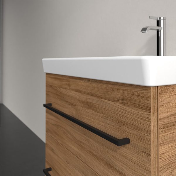Villeroy and Boch Avento 600mm Wall Hung Vanity Unit & Basin   Kansas Oak with Black Handles - Image 2