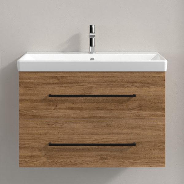 Villeroy and Boch Avento 800mm Wall Hung Vanity Unit & Basin   Kansas Oak with Black Handles - Image 3