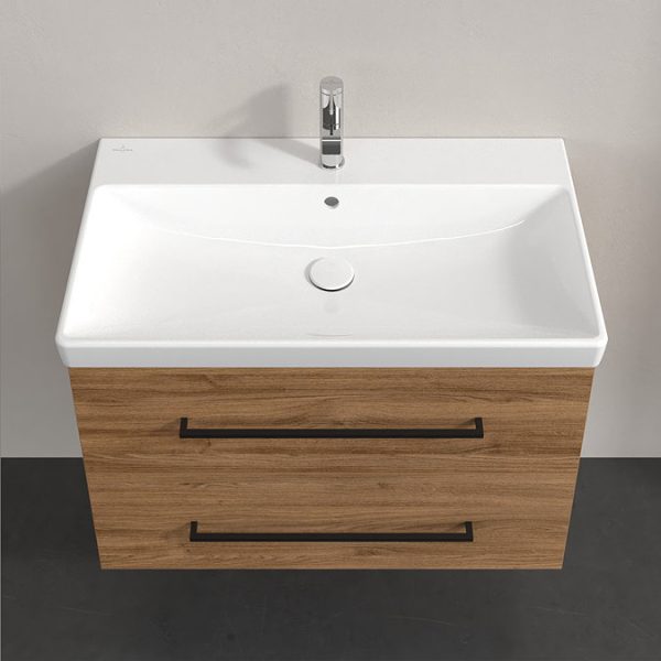 Villeroy and Boch Avento 800mm Wall Hung Vanity Unit & Basin   Kansas Oak with Black Handles - Image 4