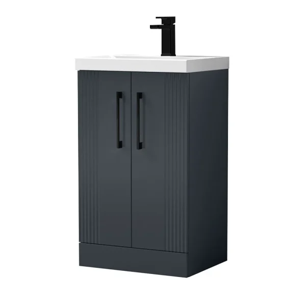 Roxbury Deco Fluted 500mm Anthracite Grey Vanity Unit   Floor Standing 2 Door Unit With Matt Black Handles