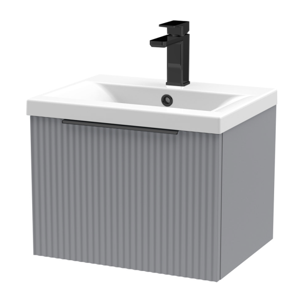 Venice Fluted 500mm Grey Vanity Unit   Wall Hung Single Drawer Unit with Matt Black Handle