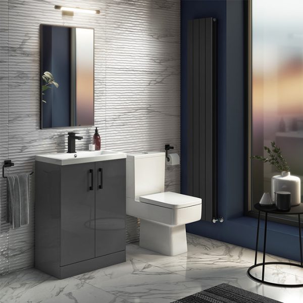 Apollo2 605 Gloss Grey Floor Standing Vanity Unit w. Matt Black Handles - Image 2