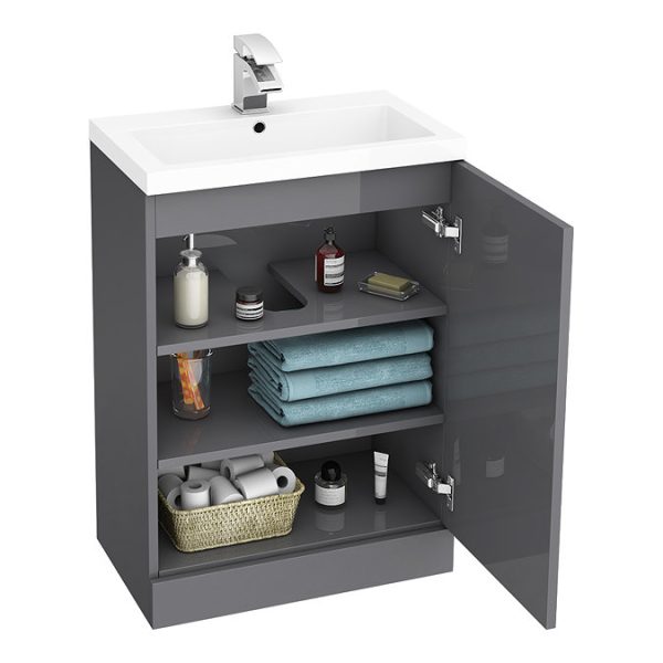 Apollo2 605mm Gloss Grey Open Shelf Floor Standing Vanity Unit w. Matt Black Handle - Image 3