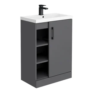 Apollo2 605mm Gloss Grey Open Shelf Floor Standing Vanity Unit w. Matt Black Handle