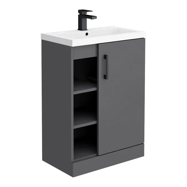 Apollo2 605mm Gloss Grey Open Shelf Floor Standing Vanity Unit w. Matt Black Handle