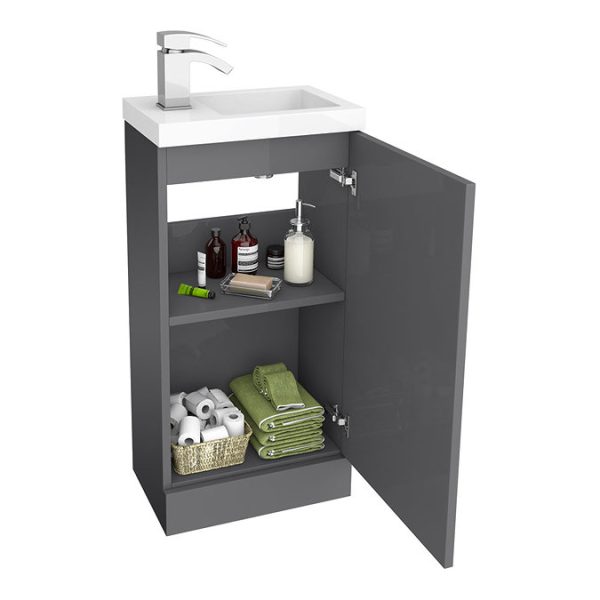 Apollo2 405mm Gloss Grey Compact Floor Standing Vanity Unit w. Matt Black Handle - Image 3