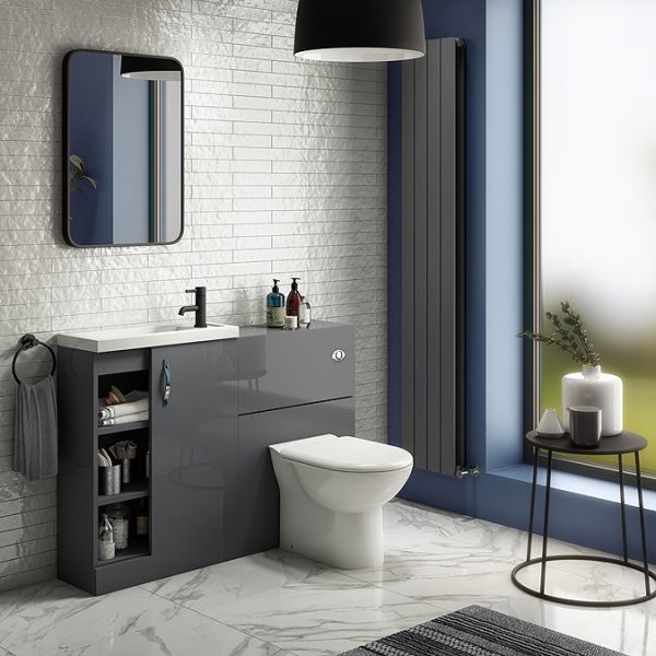 Apollo2 605mm Gloss Grey Open Shelf Compact Floor Standing Vanity Unit - Image 2