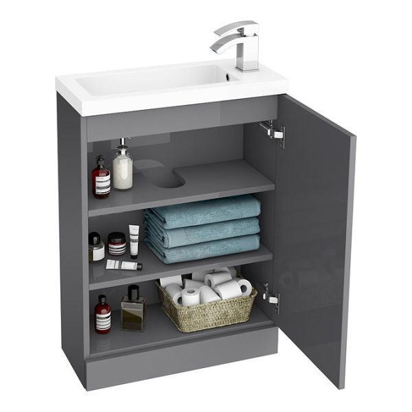 Apollo2 605mm Gloss Grey Open Shelf Compact Floor Standing Vanity Unit w. Matt Black Handle - Image 2