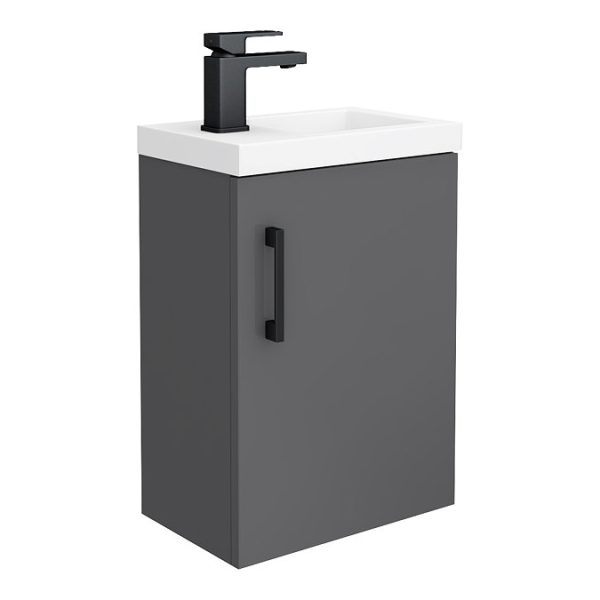 Apollo2 405mm Gloss Grey Compact Wall Hung Vanity Unit w. Matt Black Handle - Image 2