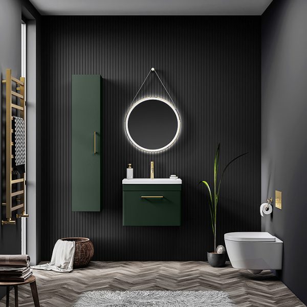 Arezzo 500 Matt Dark Green Wall Hung 1 Drawer Vanity Unit with Brushed Brass Handle - Image 3