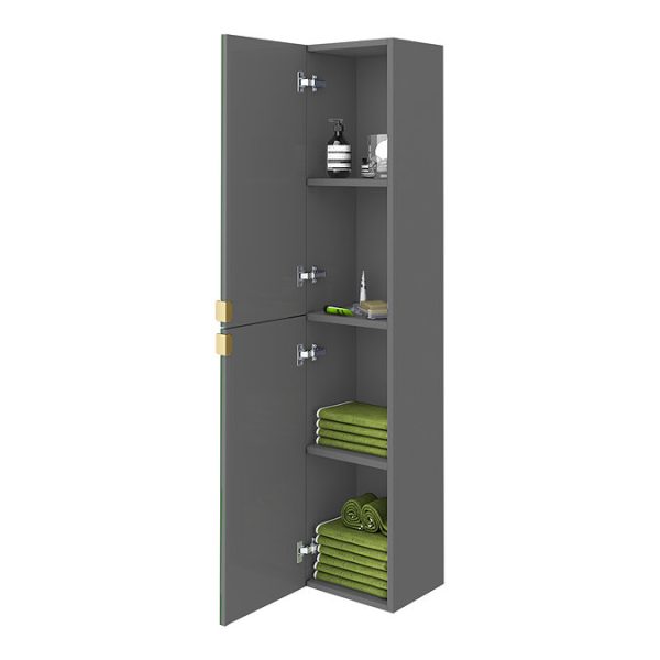 Arezzo Matt Grey Mirrored Wall Hung Tall Storage Cabinet with Brushed Brass Handles - Image 2
