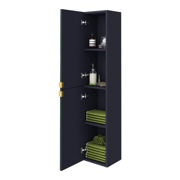 Arezzo Matt Blue Mirrored Wall Hung Tall Storage Cabinet with Brushed Brass Handles - Image 2