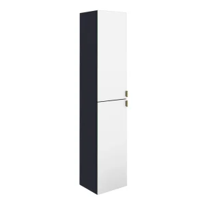 Arezzo Matt Blue Mirrored Wall Hung Tall Storage Cabinet with Brushed Brass Handles